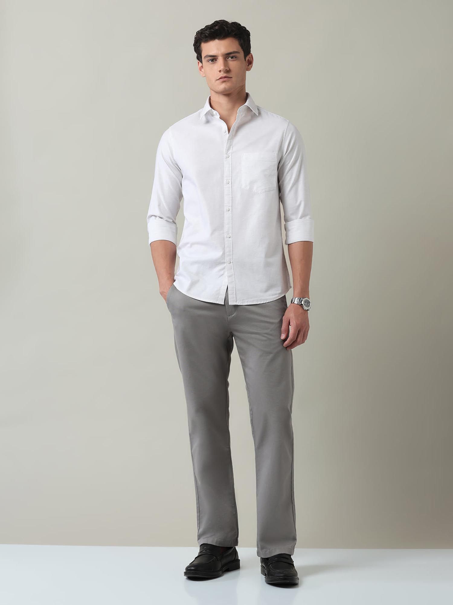 Solid Slim Fit Twill Shirt Off White
