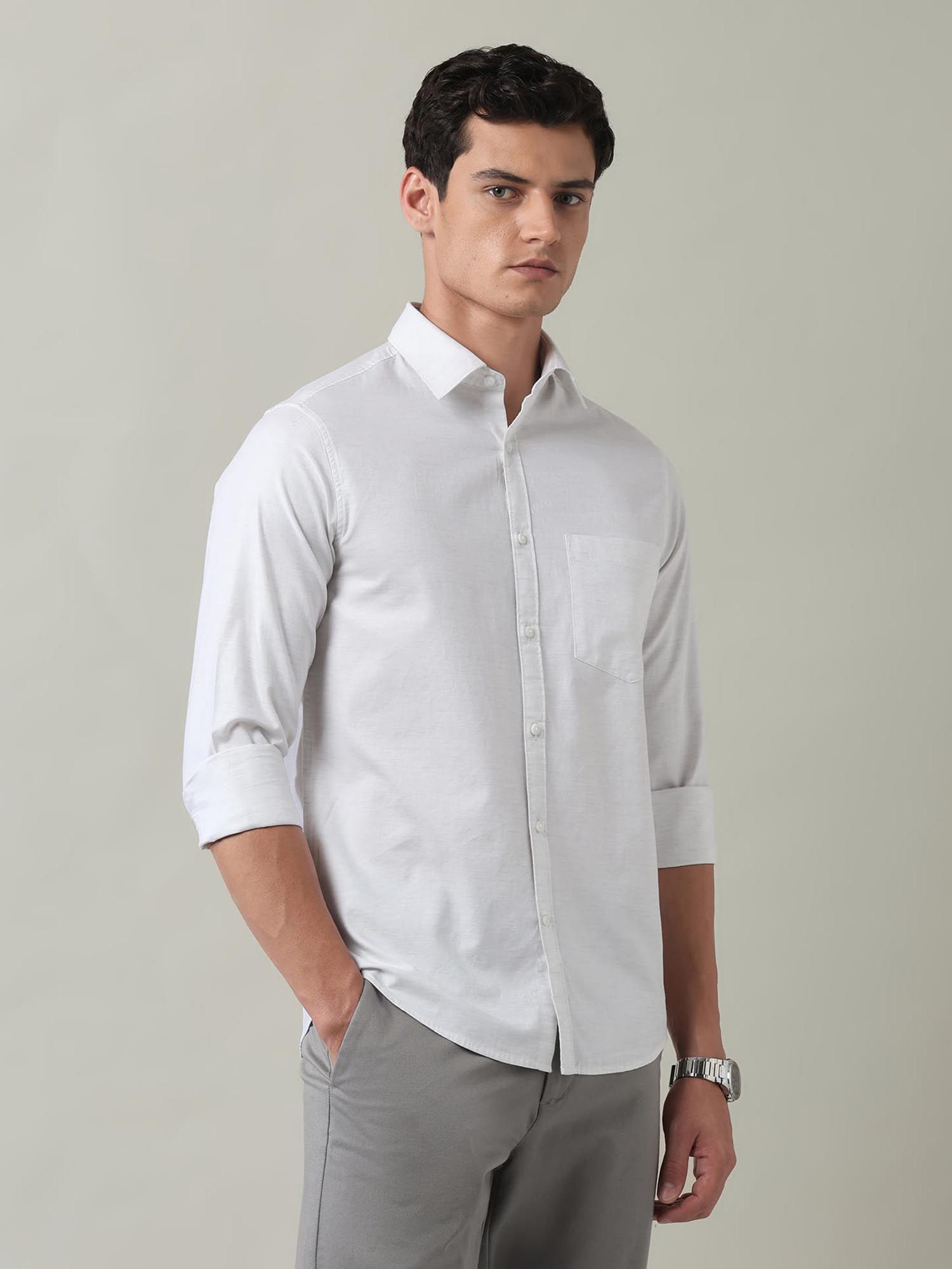 Solid Slim Fit Twill Shirt Off White