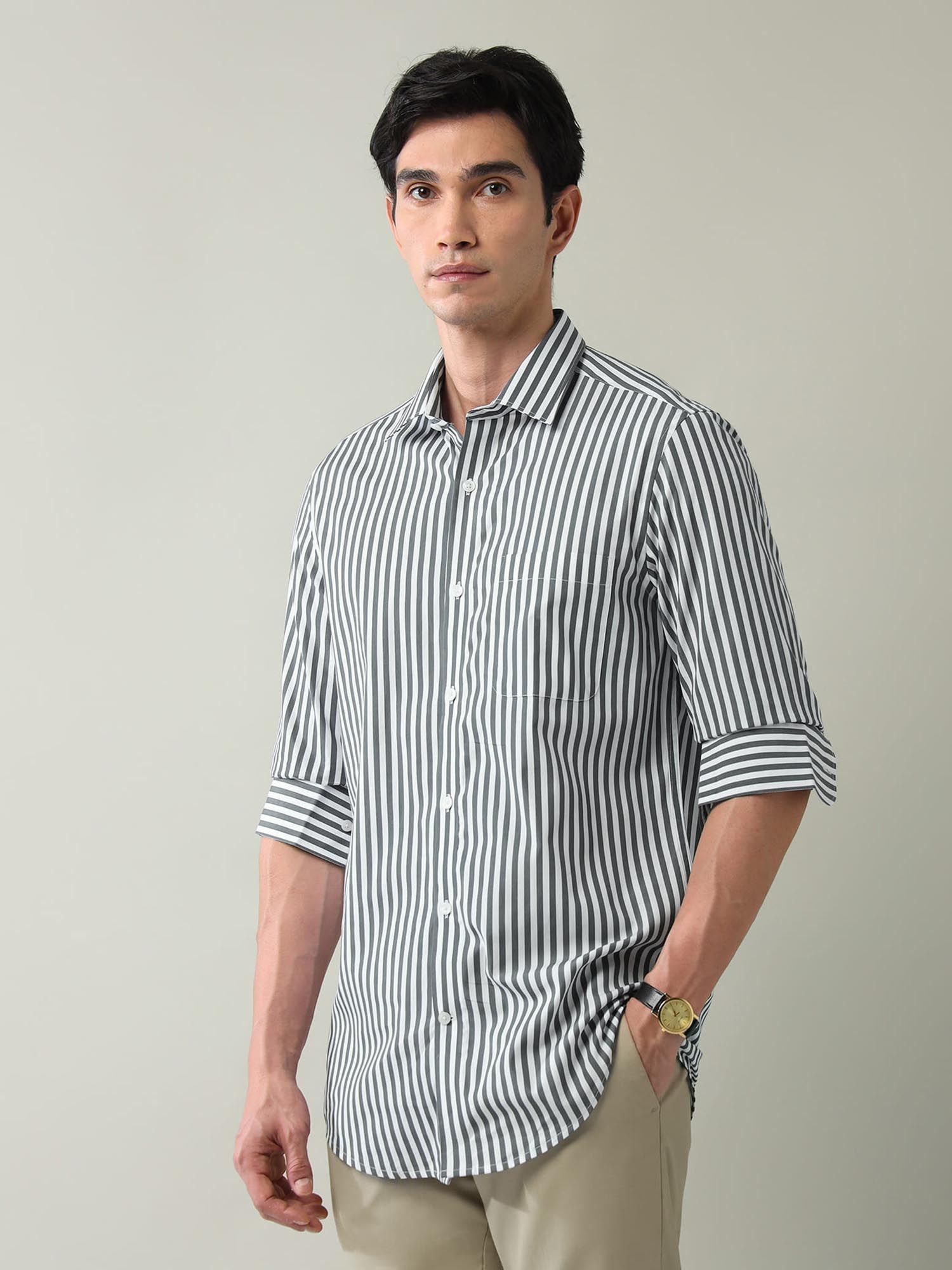 Vertical Striped Regular Fit Shirt Grey