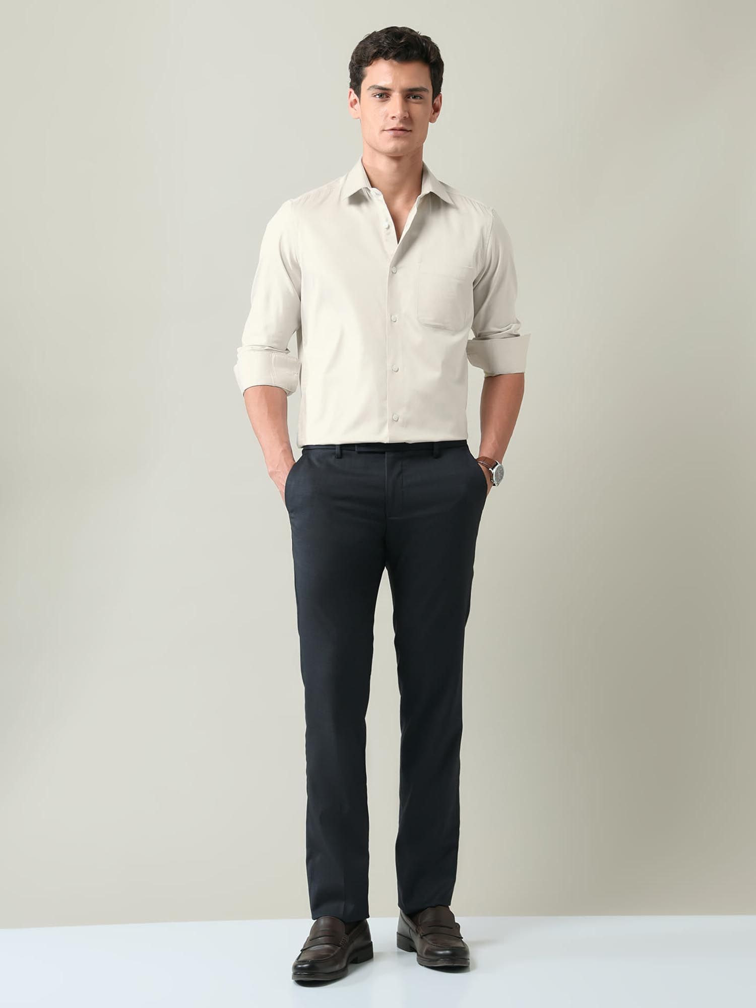 Solid Regular Fit Satin Shirt Beige