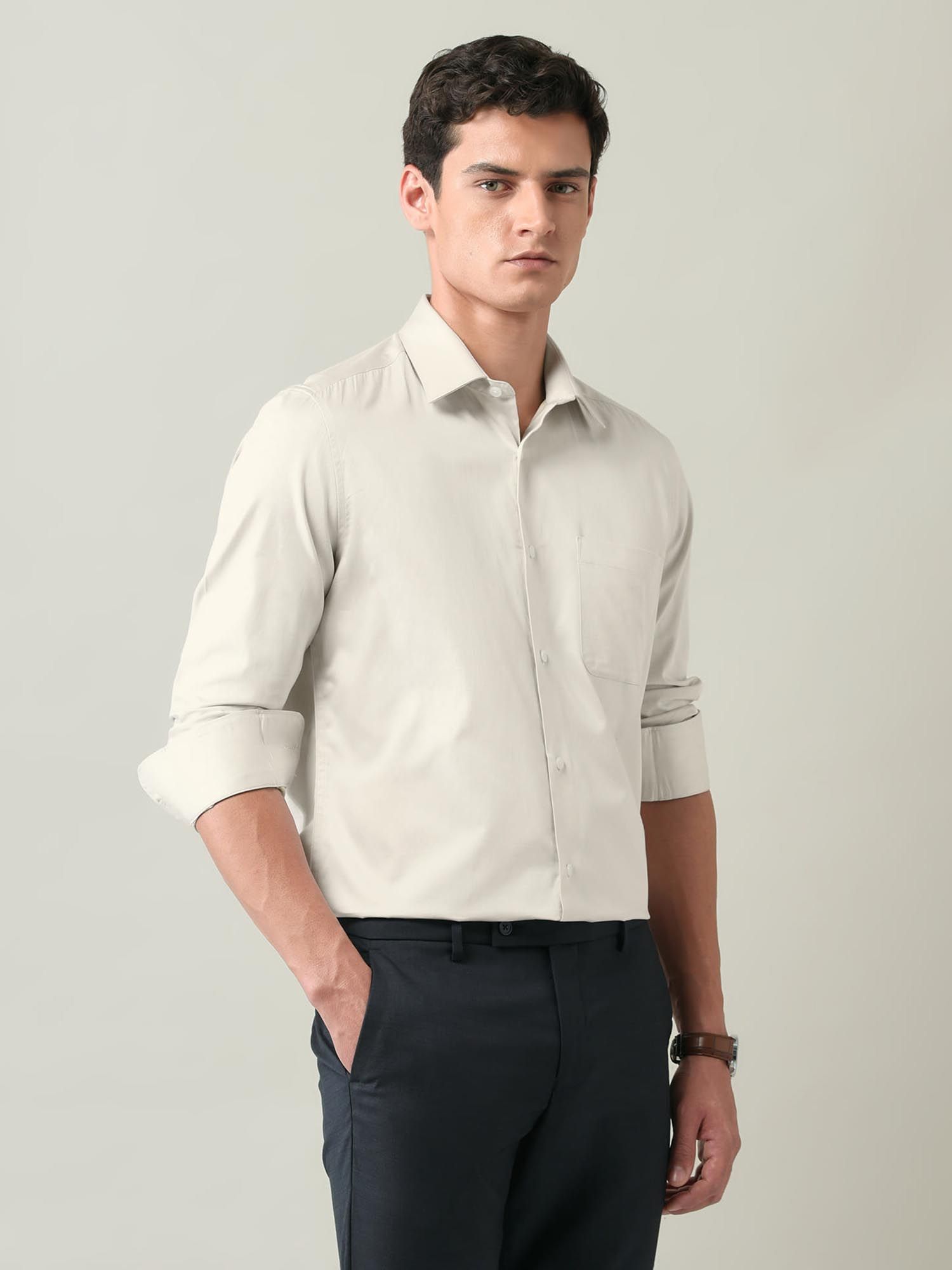 Solid Regular Fit Satin Shirt Beige