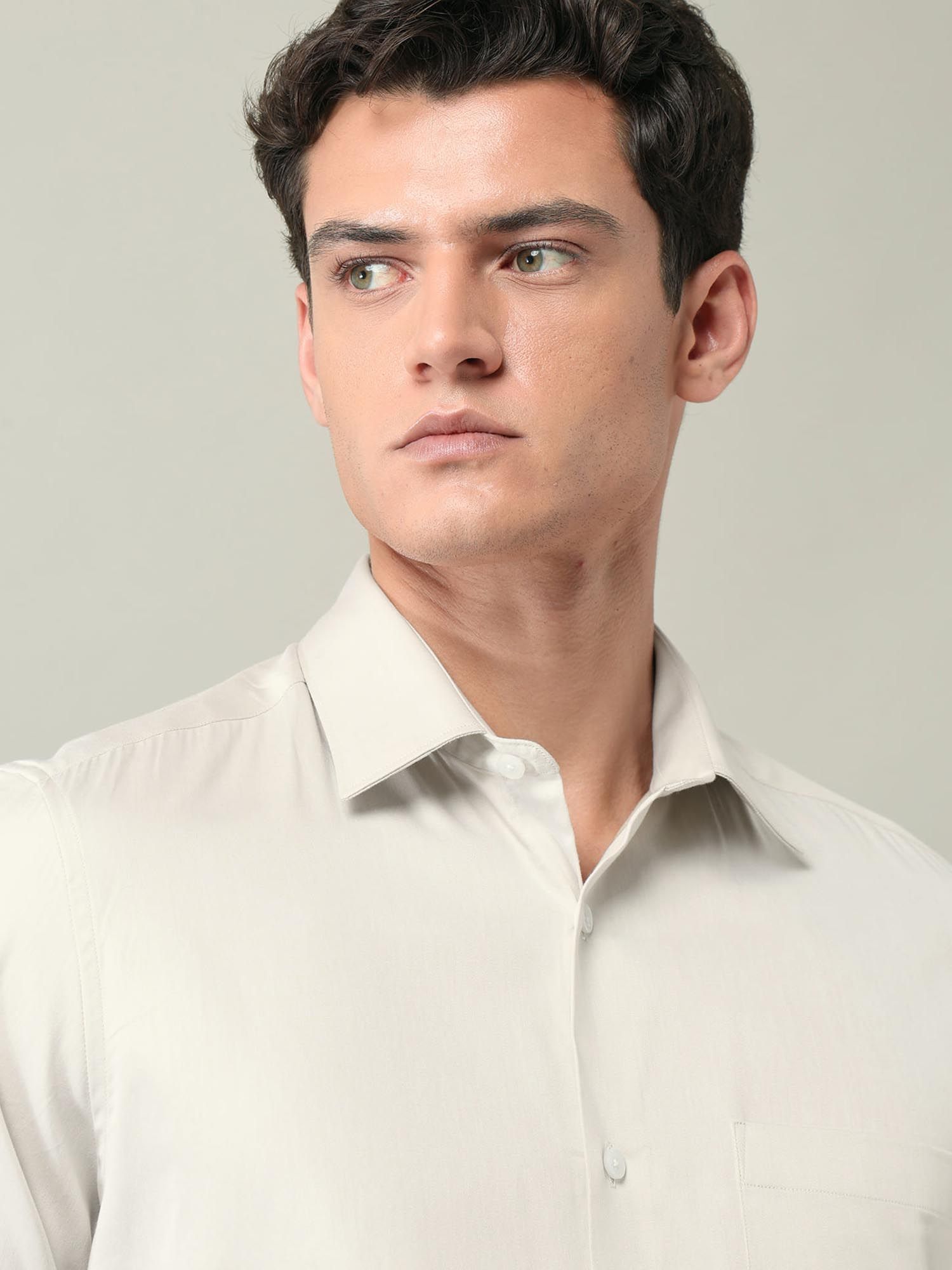 Solid Regular Fit Satin Shirt Beige