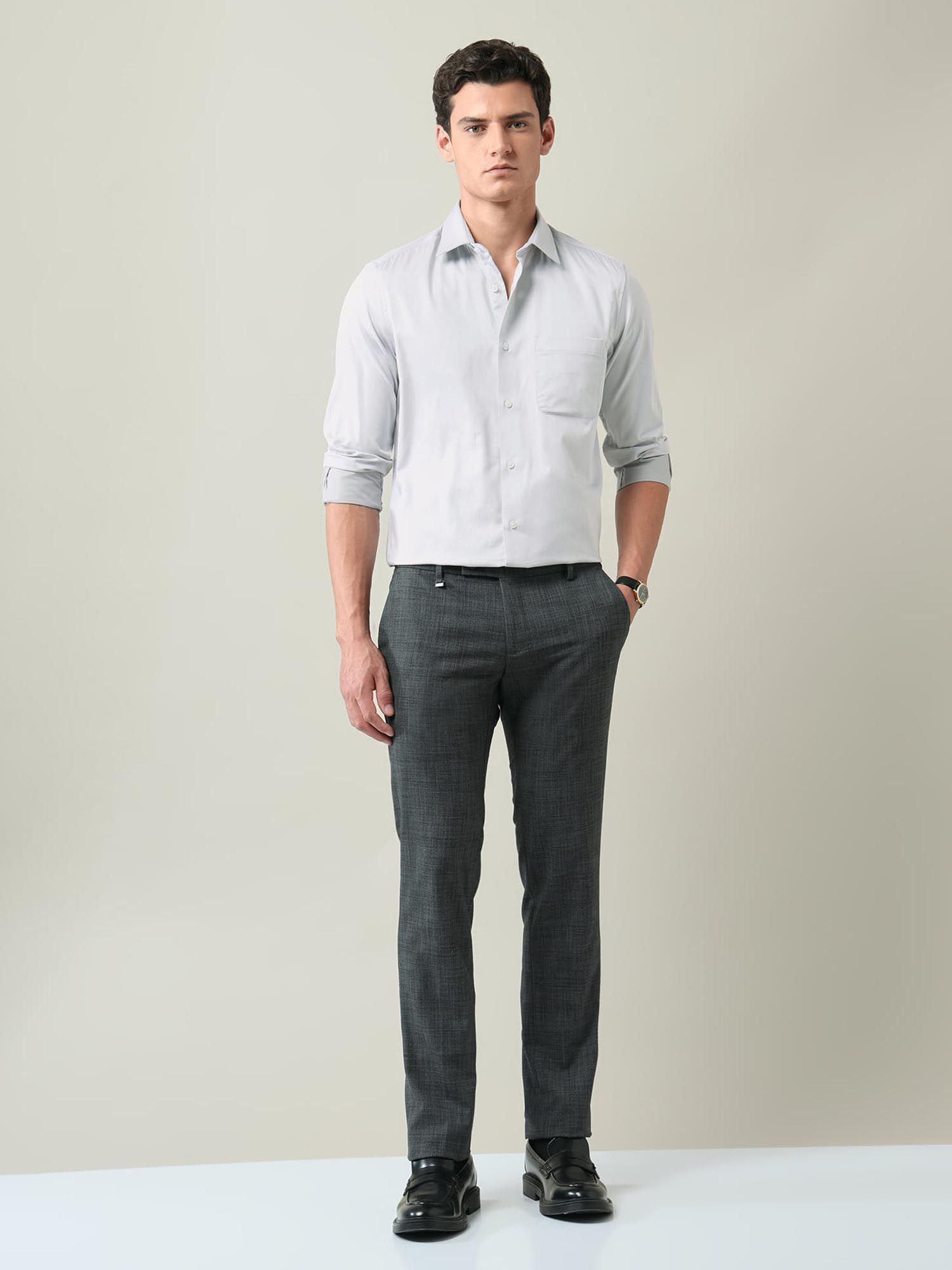 Solid Regular Fit Satin Shirt Grey