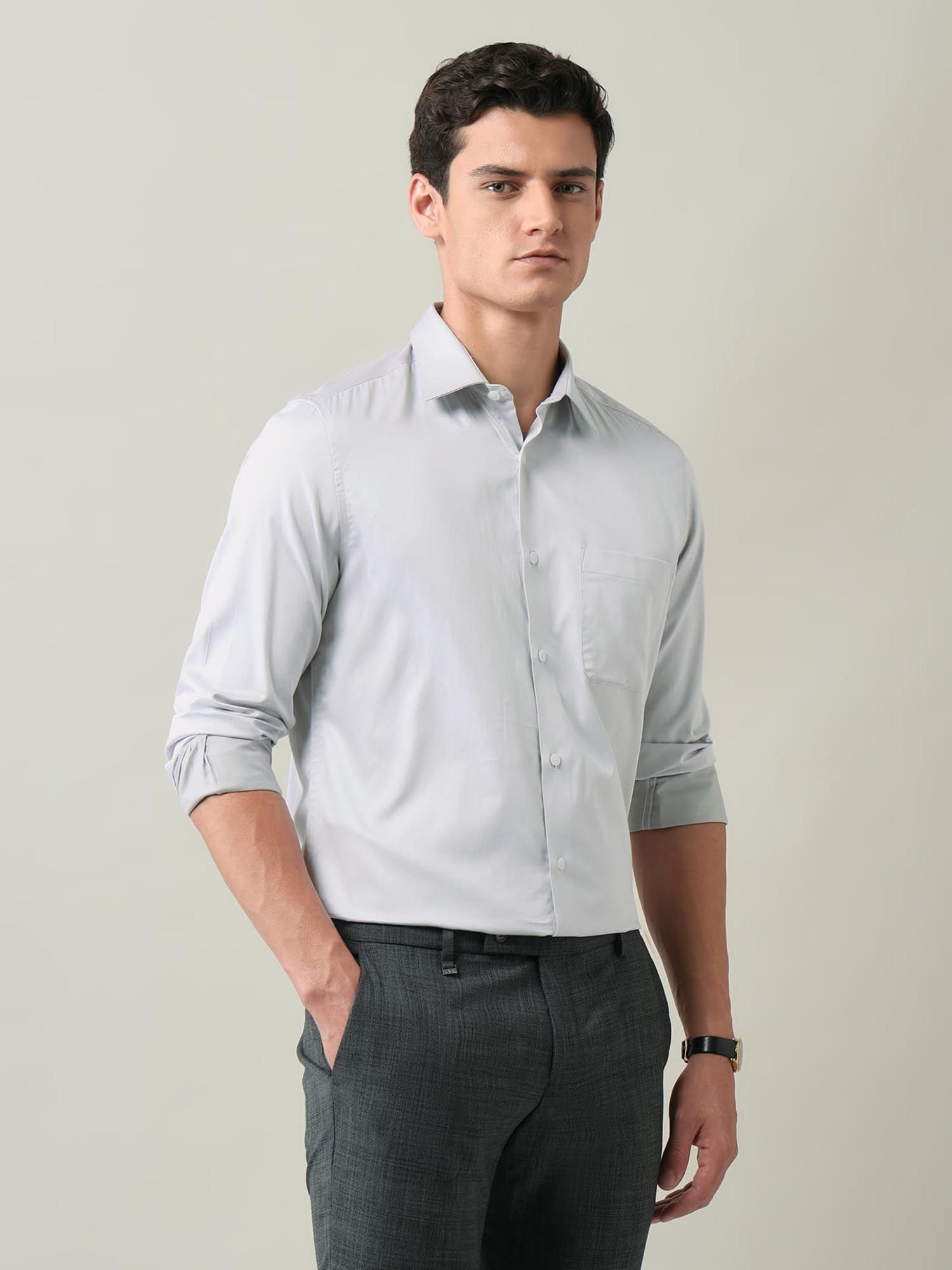 Solid Regular Fit Satin Shirt Grey