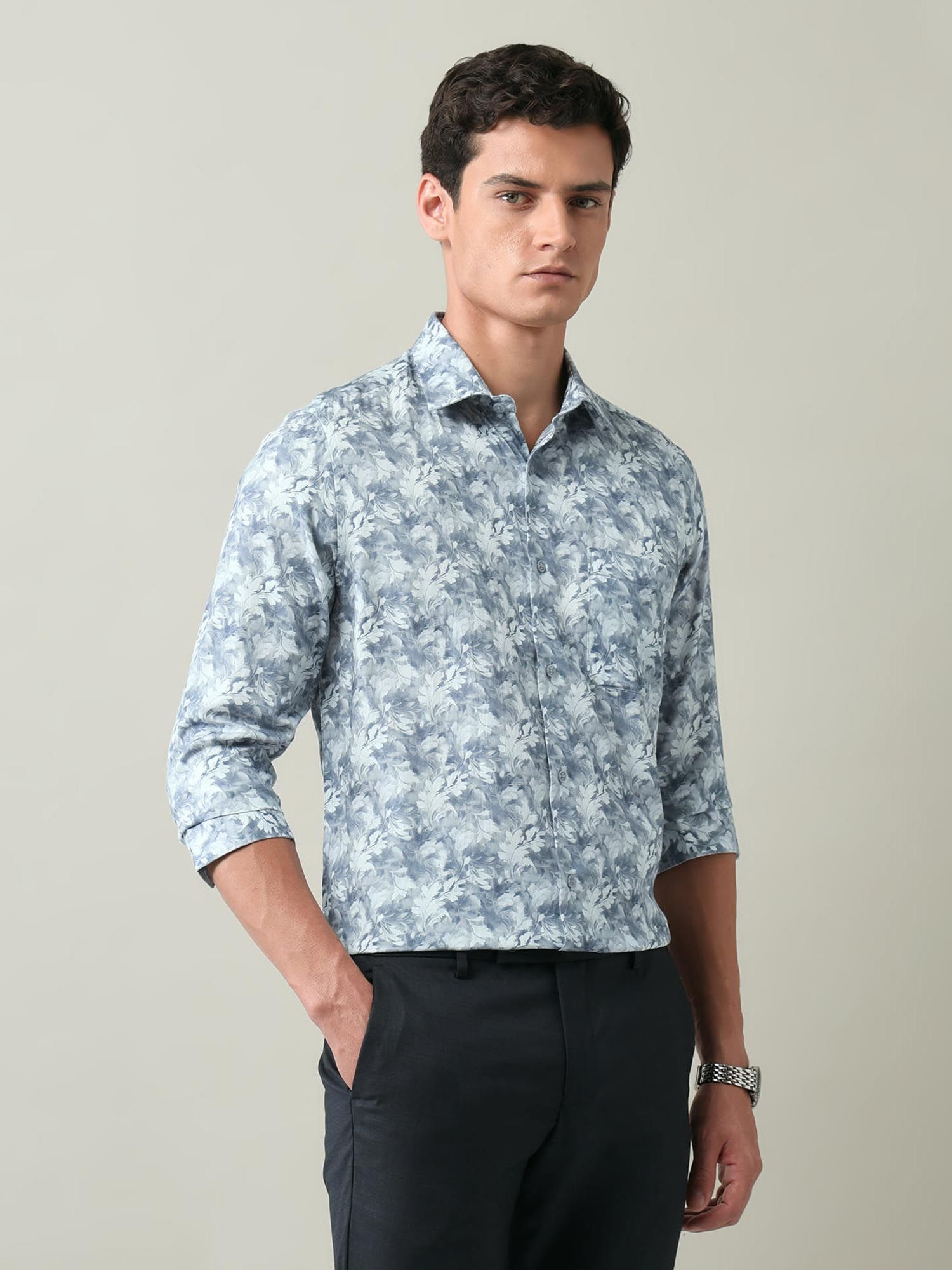 Floral Printed Regular Fit Shirt Grey