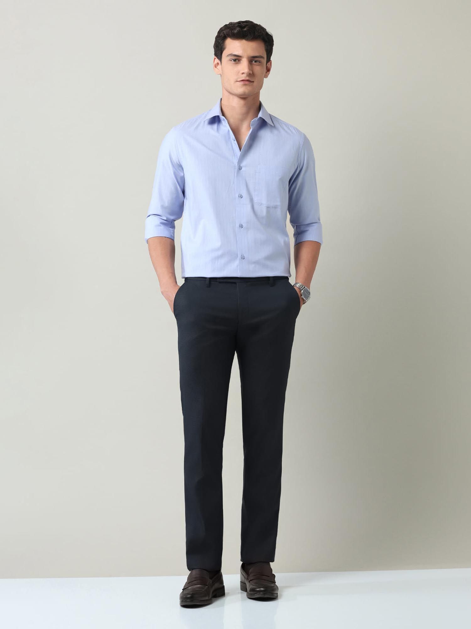 Vertical Striped Herringbone Shirt Blue