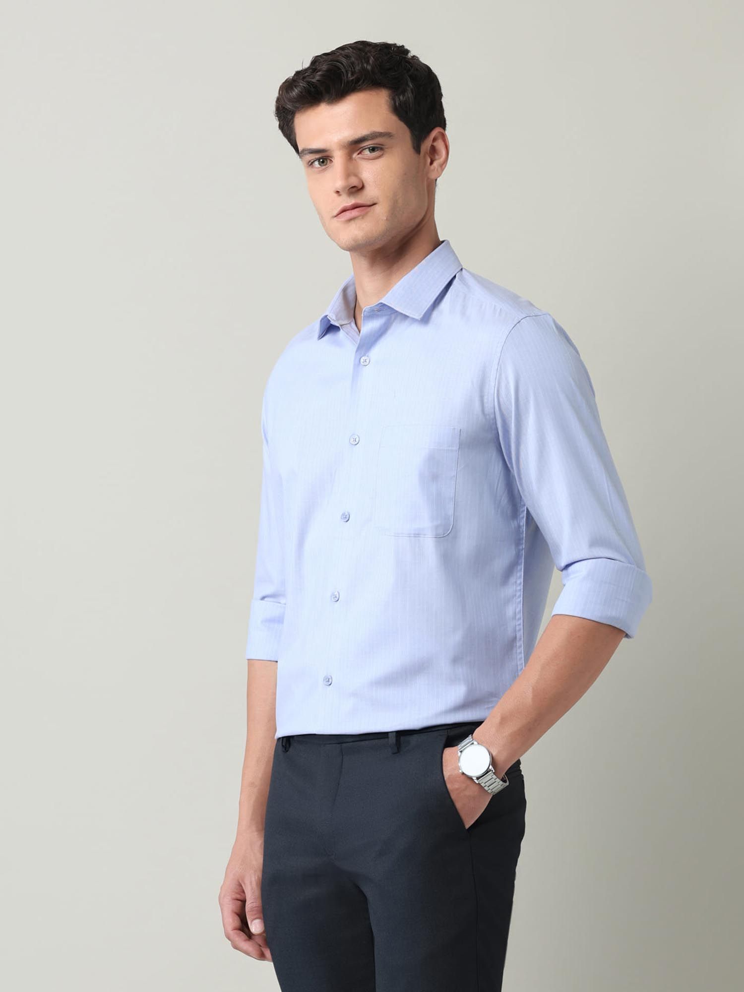 Vertical Striped Herringbone Shirt Blue