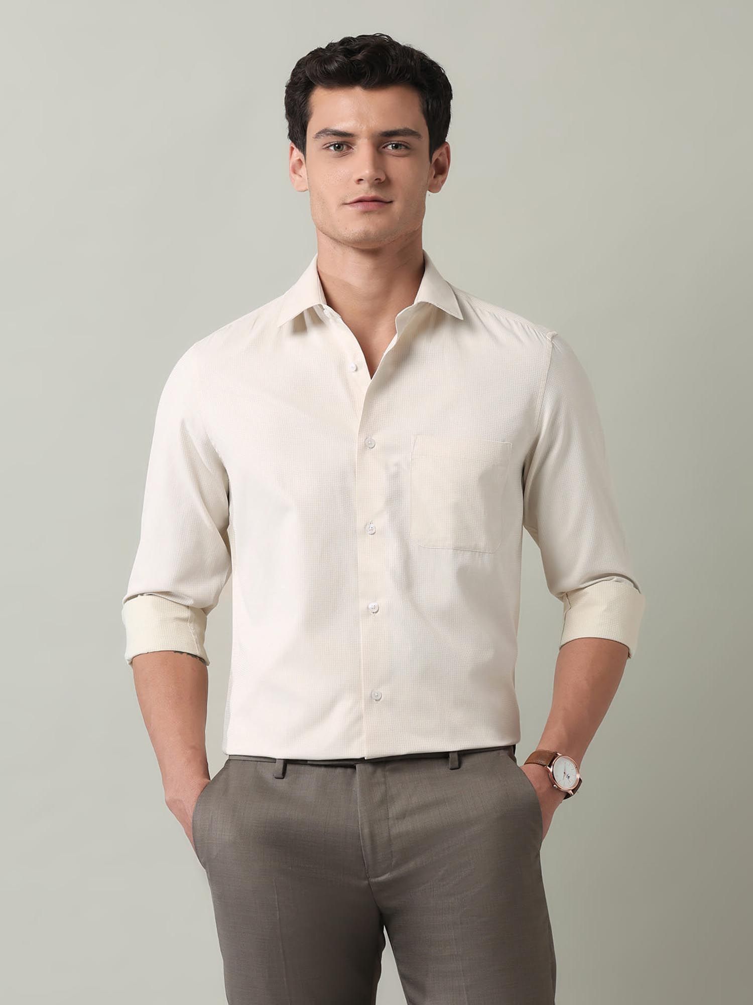 Self Design Slim Fit Twill Shirt Yellow