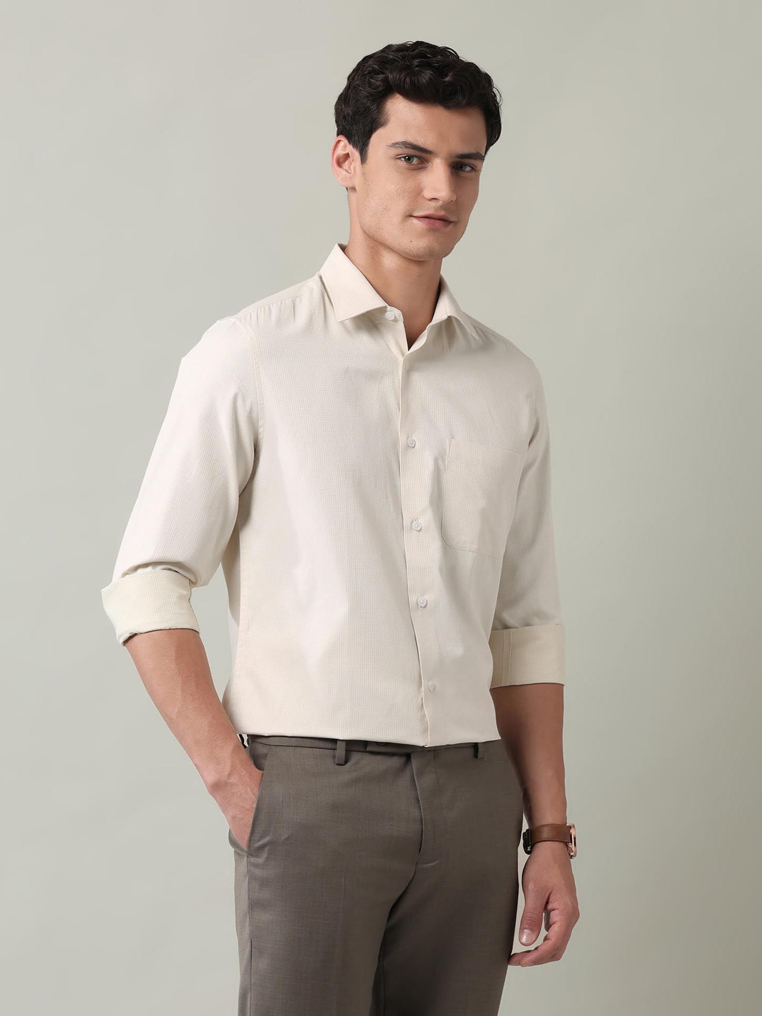 Self Design Slim Fit Twill Shirt Yellow