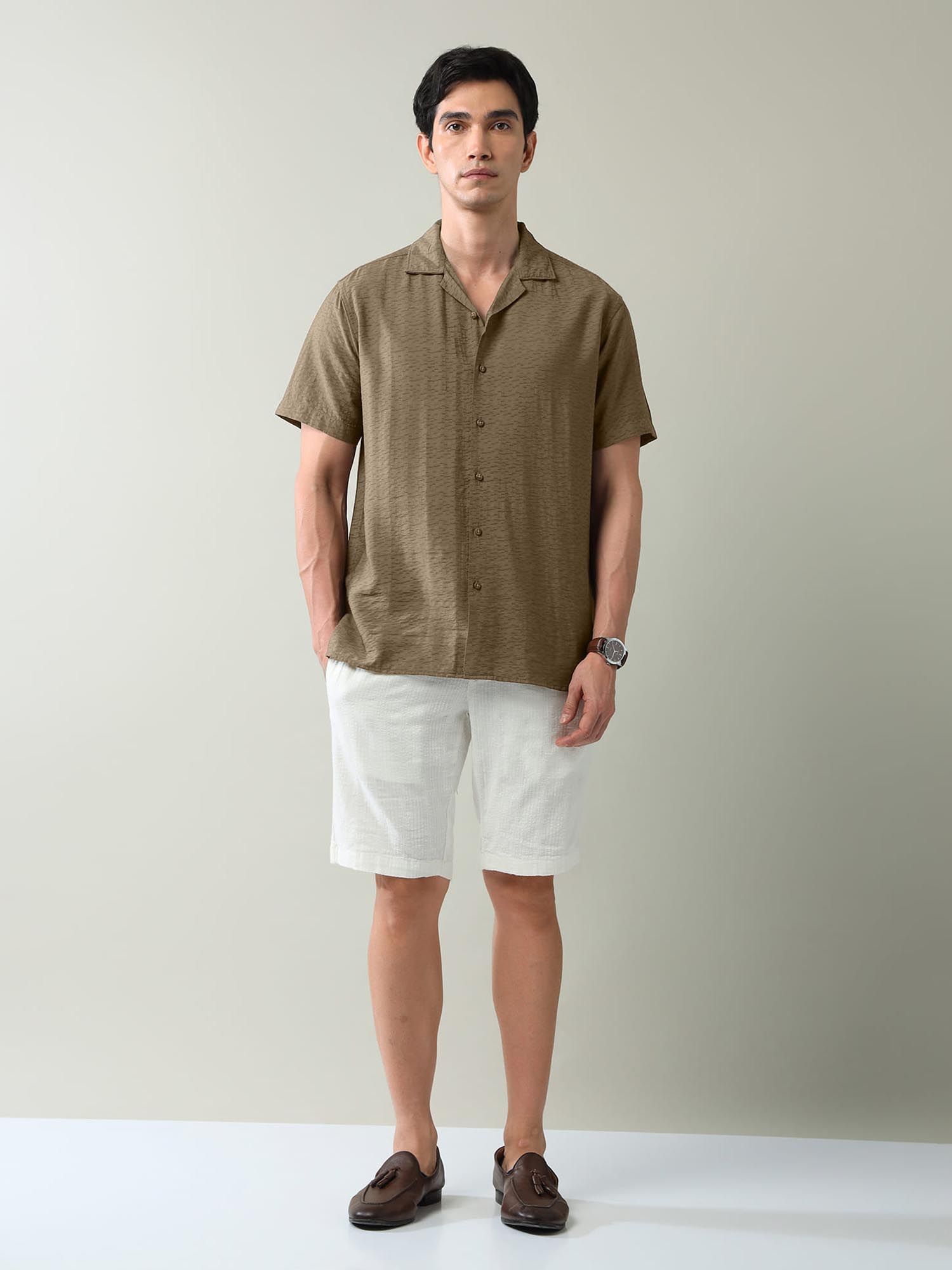 Self Design Air Soft Slim Fit Shirt Beige