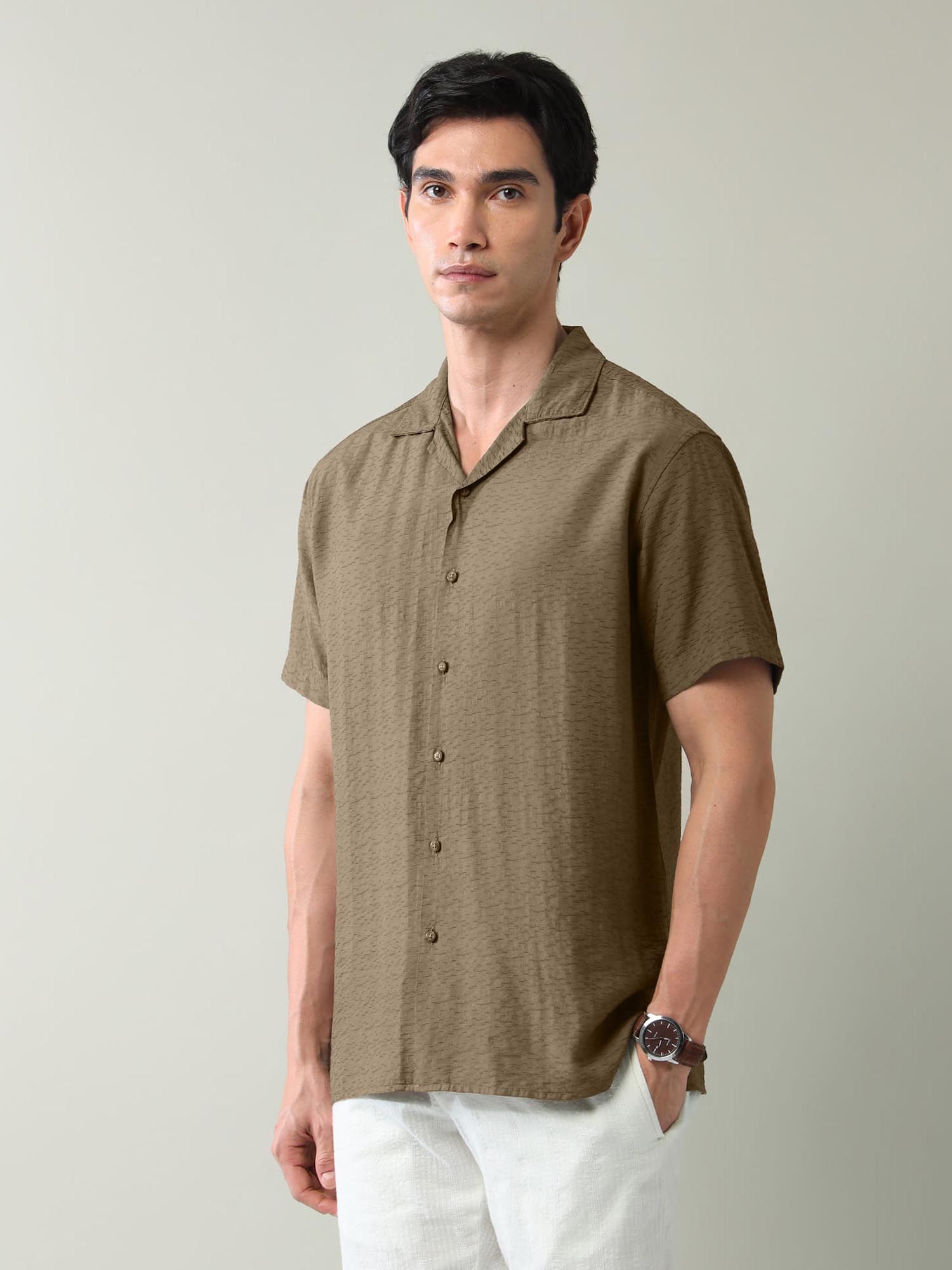 Self Design Air Soft Slim Fit Shirt Beige