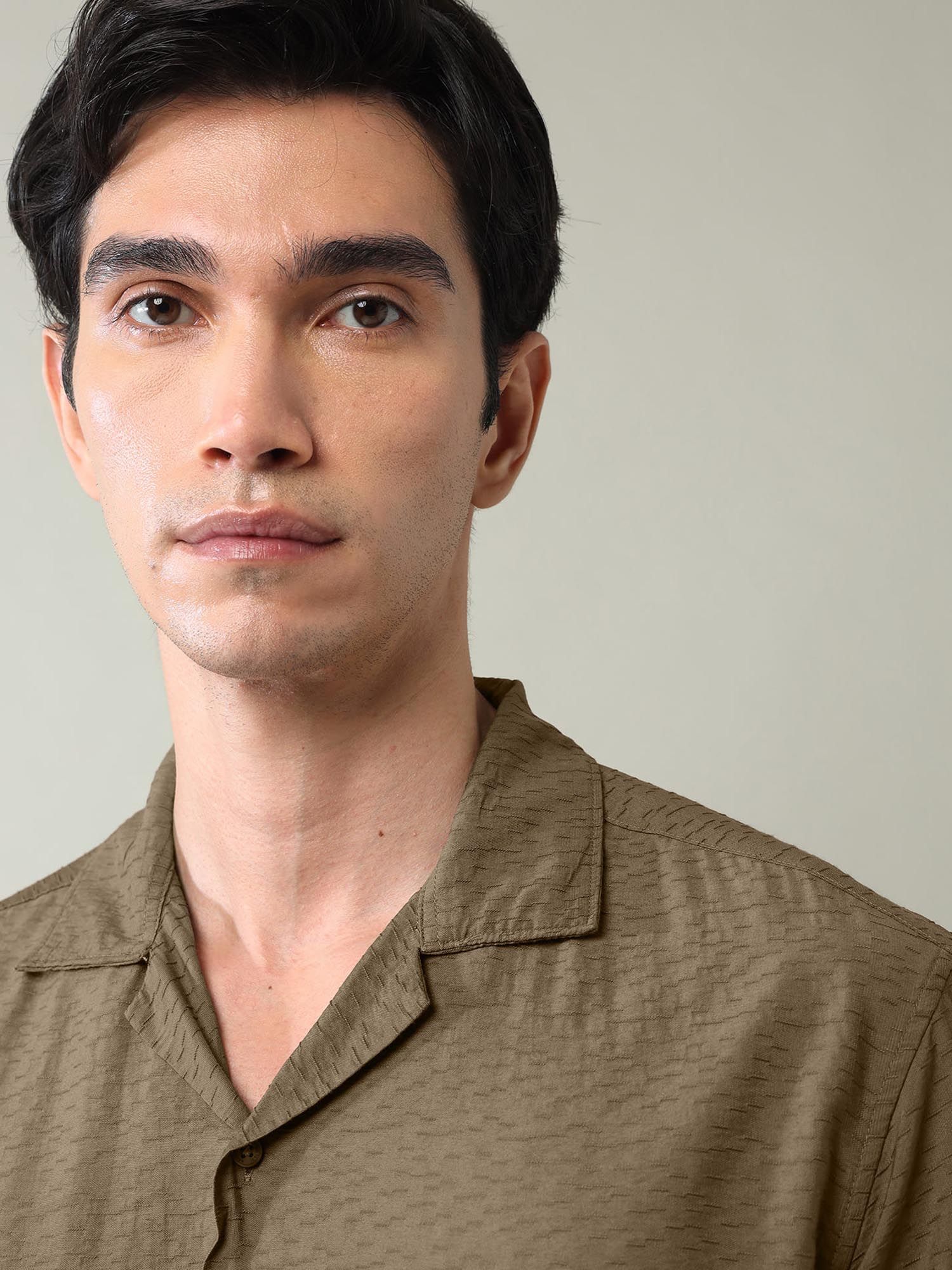 Self Design Air Soft Slim Fit Shirt Beige