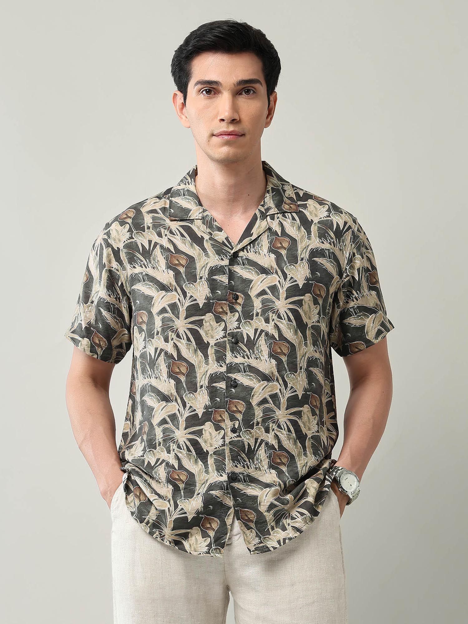 Modern Slim Fit Floral Printed Shirt Olive