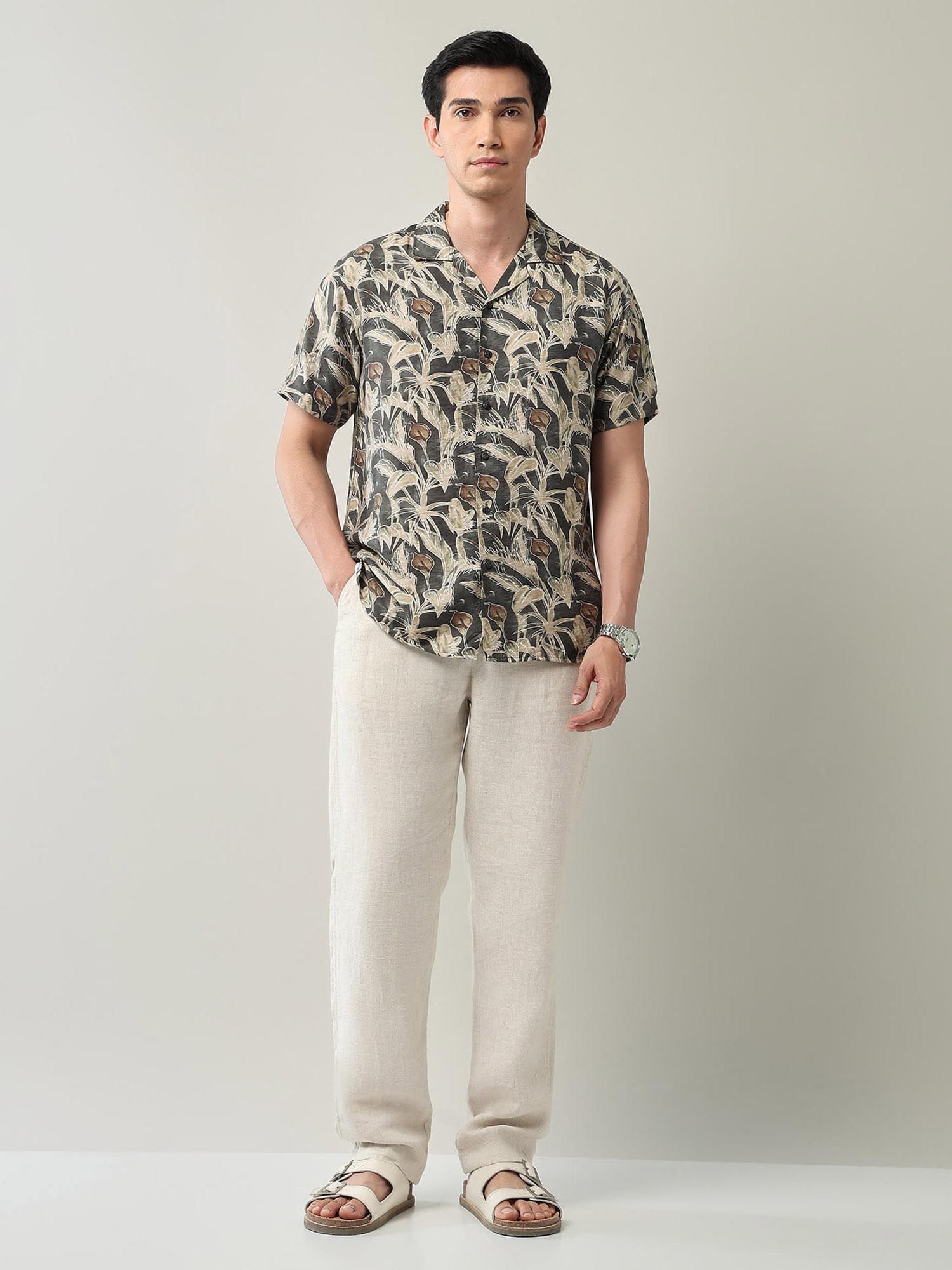 Modern Slim Fit Floral Printed Shirt Olive