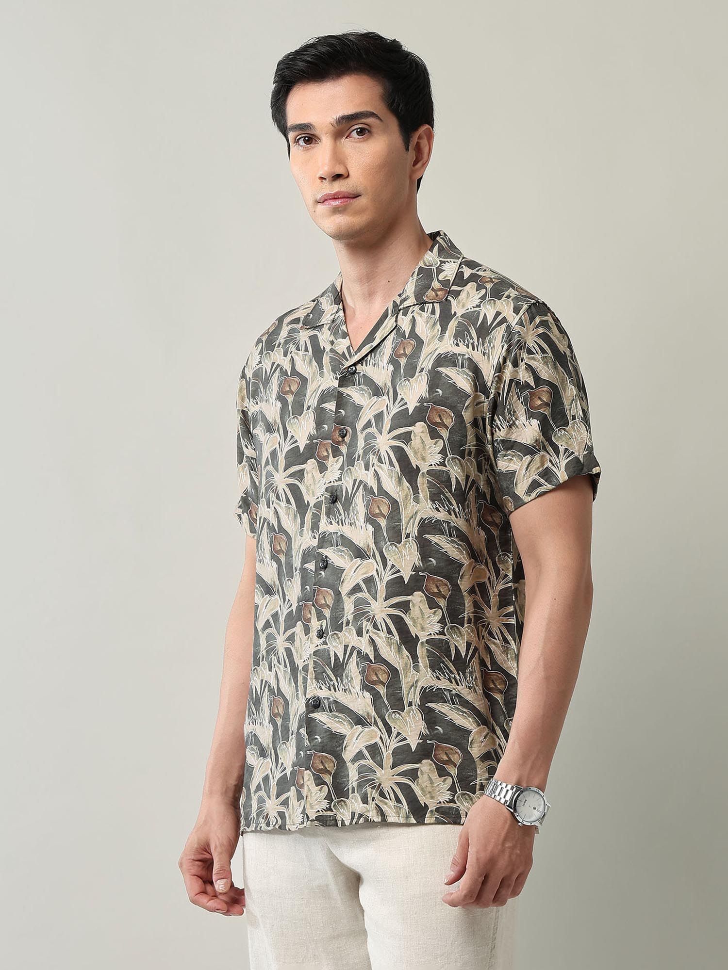 Modern Slim Fit Floral Printed Shirt Olive