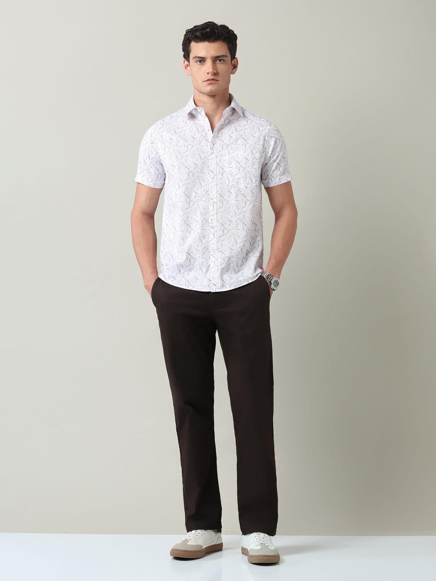 Floral Printed Slim Fit Twill Shirt Mauve