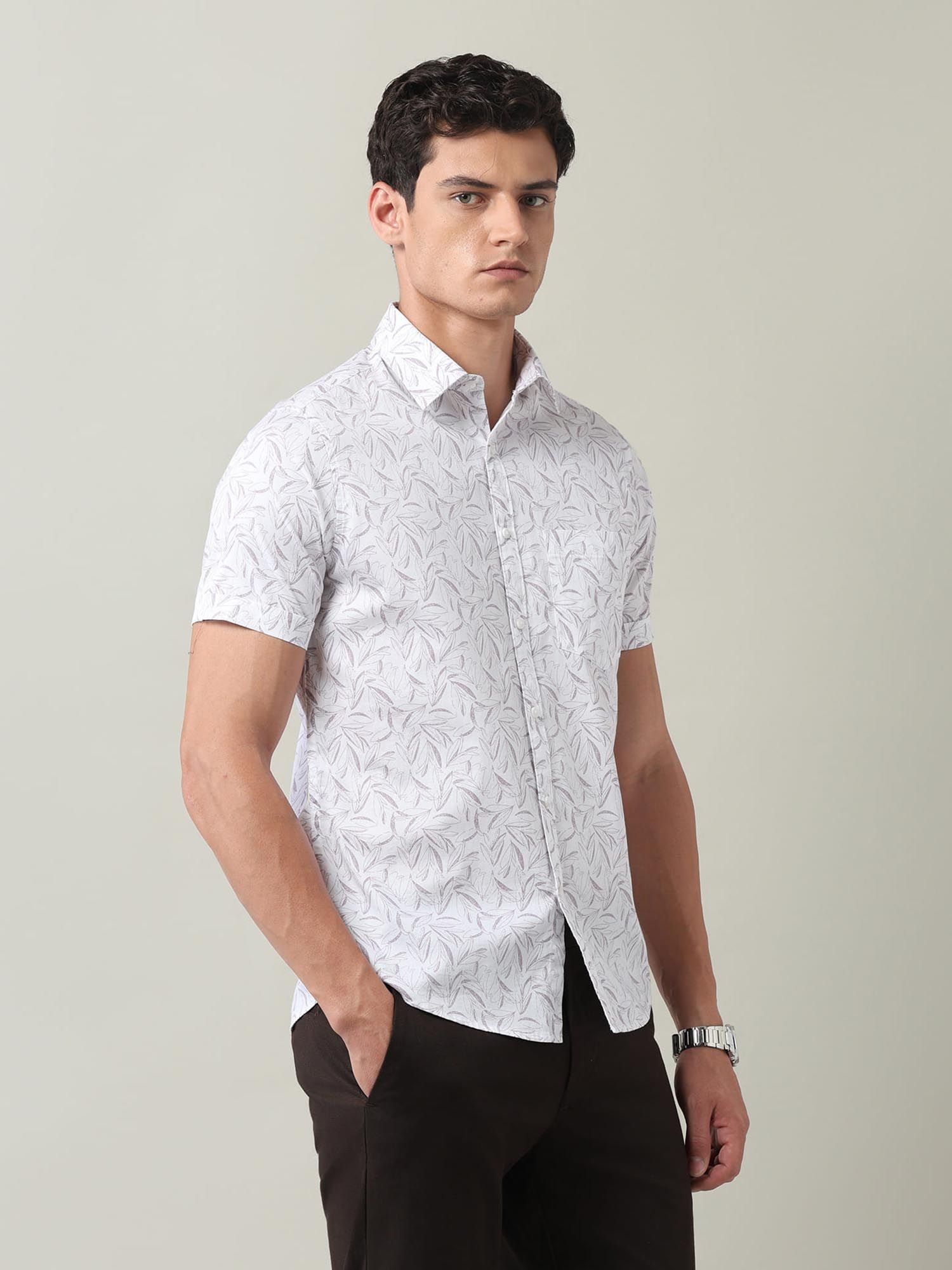 Floral Printed Slim Fit Twill Shirt Mauve