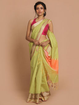 Indethnic - Banarasi Lime Green Stripes Daily Wear Saree With Unstitched Blouse