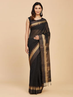 Fabindia - Black Cotton Silk Maheshwari Saree Without Blouse