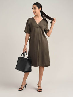 Saltpetre - Women Tencel Olive V-Neck A-Line Dress