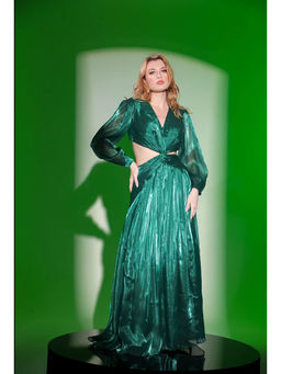 Kayjay by Kritika Jain - Green Solid Full Sleeves V-Neck Gown