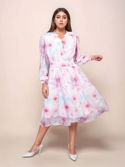 Zink London - Womens White Floral Print Relaxed Fit Midi Dress