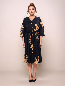 Zink London - Womens Black Floral Print Dress with Belt (Set of 2)