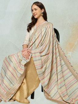 Dupatta Bazaar - Women's Pastel Green Striped Sequence & Pastel Embroidery Dupatta