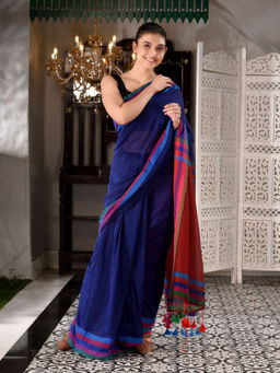 CHARUKRITI - Navy Blue Cotton Textured Handwoven Saree with Unstitched Blouse Piece