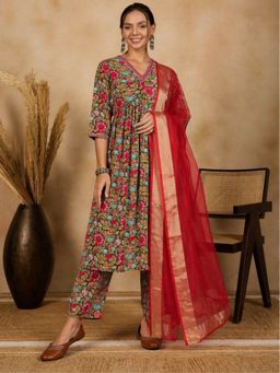 WineRed - Women Navy Blue Cotton Floral Kurta with Pant and Dupatta