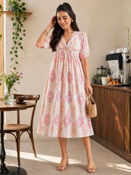 WineRed - Women White Cotton Cinched Midi Dress
