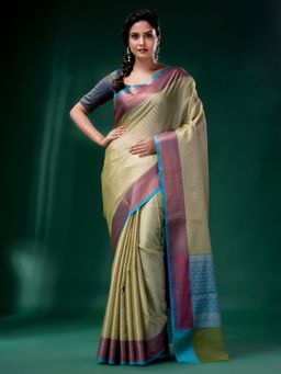 CHARUKRITI - Pista Green Organza Handwoven Soft Saree with Checks Design with Unstitched Blouse