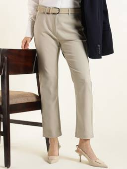Hancock - Women's Slim Fit Solid Beige Trouser