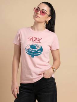 JUNEBERRY - Women Cotton Typography Pink Tshirt