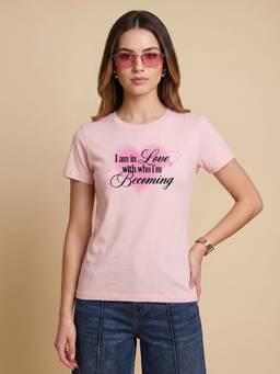 JUNEBERRY - Women's Cotton Typography Pink Tshirt