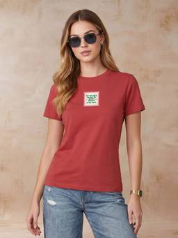 JUNEBERRY - Women's Cotton Typography Red Tshirt