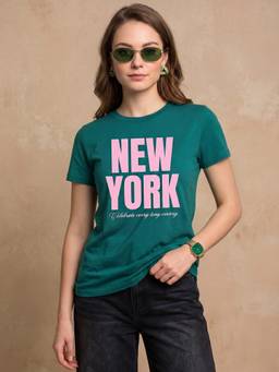 JUNEBERRY - Women Cotton Typography Green Tshirt