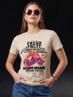 JUNEBERRY - Women's Cotton Typography Beige Tshirt