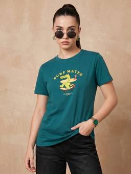 JUNEBERRY - Women Typography Cotton Green Tshirt