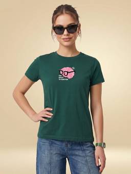 JUNEBERRY - Women's Cotton Typography Green Tshirt