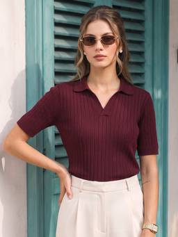 JUNEBERRY - Women Maroon Textured Regular Fit Polo Tshirt