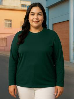 JUNEBERRY - Women's Solid Cotton Full Sleeves Round Neck Green Tshirt