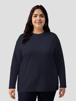 JUNEBERRY - Women's Solid Cotton Full Sleeves Round Neck Blue Tshirt