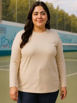 JUNEBERRY - Women's Solid Cotton Full Sleeves Round Neck Beige Tshirt