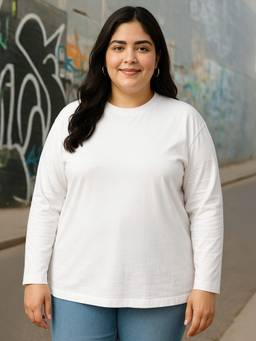 JUNEBERRY - Women's Solid Cotton Full Sleeves Round Neck White Tshirt