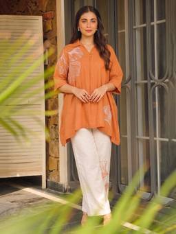 ZUMMER - Women's Cotton Embroidered Orange Co-Ords