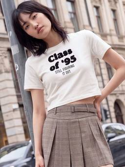 max - Women Typography Off White Crop Tshirt