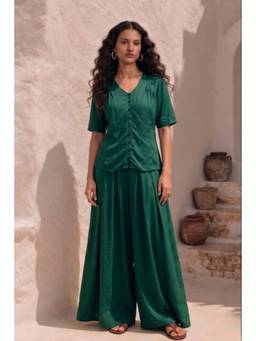 Virgio - Women's Solid Viscose Relaxed V-Neck Green Co-Ords