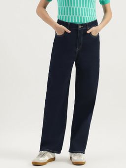 United Colors of Benetton - Womens Solid Wide Leg Fit Raw Wash Denim Jeans