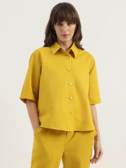 United Colors of Benetton - Womens Yellow Spread Collar Solid Linen Shirt